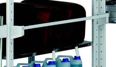 33771-Uitvalbeveiliging voor oliecans/breedte 1.000 mm/1 uitvalbeveiliging, 2 houderprofielen, incl. bouten/voor het borgen van vloeistofcontainers/RAL 7035 lichtgrijs