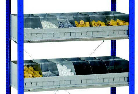 16220-Bulkproductbakken voor MULTIplus legborden/afmetingen 1.000x300 mm (BxD)/verzinkt/voor het opslaan van kleine onderdelen en losse producten