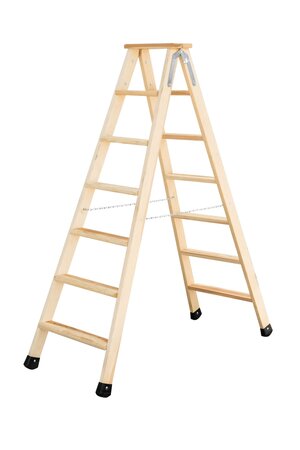 Houten trap tweezijdig oploopbaar - werkhoogte 3.170 mm/ladder lengte 1.880 mm/aantal treden 2x7/belastbaar tot 150 kg