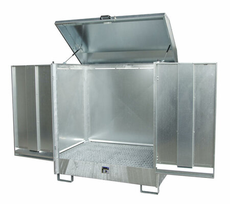 Depot gevaarlijke stoffen type GD-N 2 - ca. 1440x1015x1615 mm (lxbxh)/opvangvolume 245 liter/max. 2 vaten van 200 liter/verzinkt rooster (draagkracht 1000 kg/m&sup2;)/twee vleugeldeuren