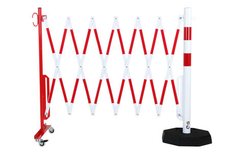 Schaarhek met afzetpaal 70-75 van staal/hoogte 1050 mm/met verrijdbare voetplaat/buisdiameter 60 mm/rood-wit met aan beide zijden reflecterende gevarenmarkering/lengte uittrekbaar tot 3600 mm