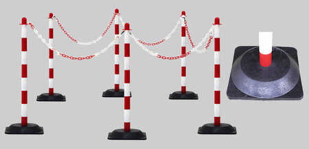 Kettingpalenset kunststof SET-LKP-RW/bestaande uit 6 kunststof palen (&Oslash; 40 mm) hoogte 860 mm en 6 voetplaten en 10 meter kunststof ketting/rood-wit