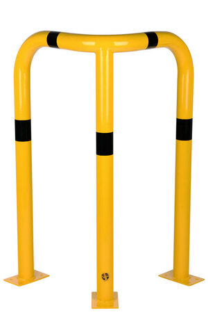Stalen hoekbeschermbeugel 40-30 voor vloermontage/hoogte 1200 mm/lengte 600 mm/diameter 76 mm/voetplaat 120x195 mm/geel-zwart