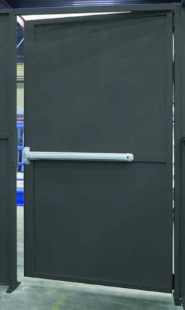 Paniekdeur plaatstalen paneel/naar buiten open draaiend/opening links/ hoogte 2200 mm/breedte 1200 mm/met dwarsbalkboven en paniekbalk/leverbaar in diverse RAL kleuren