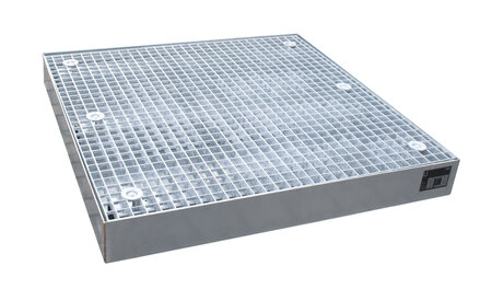Bodembeschermbak type BSW 123 verzinkt - ca. 1000x1000x123 mm (lxbxh)/opvangvolume 113 liter/met verzinkt rooster (draagkracht 5000 kg/m&sup2;)/met palletwagen of heftruck berijdbaar