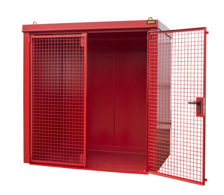 Gasflessen-Container type GFC-B M2 gelakt - ca. 2125x1610x2265 mm (lxbxh)/afsluitbare vleugeldeur van draadgaas/opslag voor buiten/max. 40 gasflessen &Oslash; 230 mm/traanplaatbodem