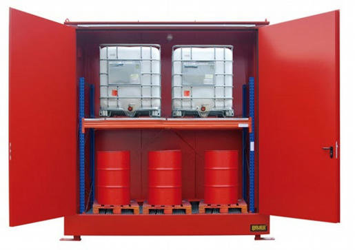 Brandwerende container type CB 500-IBC gelakt - vrije vakmaten ca. 2900x1250x1375 mm (vlxvdxvh)/opvangvolume 1325 liter/opslagniveau's 2/dubbele vleugeldeur/90 minuten brandwerend