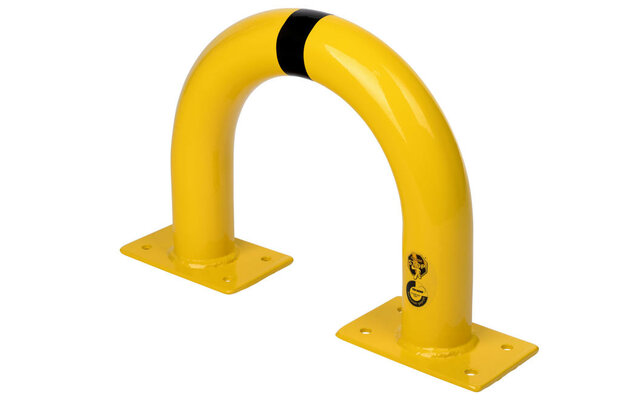 Stalen beschermbeugel 30-10- voor vloermontage/hoogte 350 mm/breedte 375 mm/diameter 76 mm/voetplaat 120x195 mm/geel-zwart