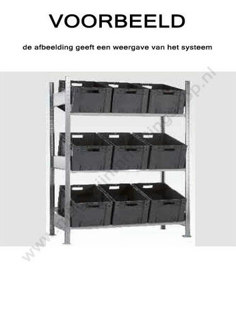 13681-Aanbouwset schuine legbordenstelling - ca. 2000x1300x600mm/3 schuine niveaus legborden/voor containers en kratten/sendzimir verzinkt/150kg legbordbelasting