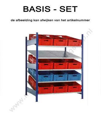 38860-Basisset schuine legbordenstelling XL - ca. 2000x1300x1200mm/5 schuine niveaus met elk 2 MULTIplus150 legborden/voor containers en kratten/sendzimir verzinkt/max. 200kg  legbordbelasting per niv