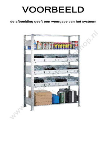 14271-Basisset kleine onderdelenstelling  - ca. 2000x1000x400mm/met legborden en bulkproductbakken/eenzijdig bedienbaar/sendzimir verzinkt/150kg legbordbelasting