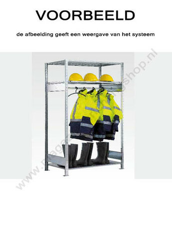 14150-Basisset garderobestelling  - ca. 2000x750x600mm/met legborden en kledingroede/tweezijdig bedienbaar/sendzimir verzinkt/150kg legbordbelasting