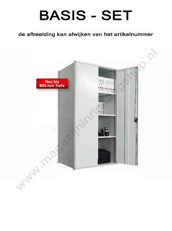 12750-M6-Basisset kasten met deurenstelling  - ca. 2000x1000x500mm/met legborden en deur en achterplaten en zijwanden/eenzijdig bedienbaar/RAL7035 lichtgrijs+sendzimir verzinkt/150kg legbordbelasting