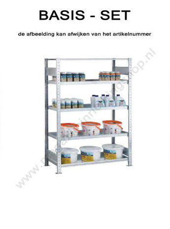 14944-Basisset kleinverpakkingstelling  - ca. 2000x1000x500mm/met legborden en opvangbak/tweezijdig bedienbaar/sendzimir verzinkt/150kg legbordbelasting