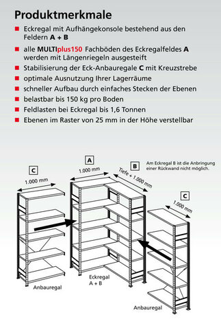 12731-ECK-Hoekstelling (velden A + B) - ca. 2500x1000x300mm/met ophangbeugels en langstraversen/2 x 6 legborden/sendzimir verzinkt/150kg legbordbelasting