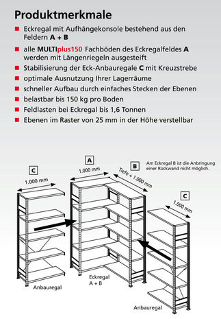 32660-ECK-Hoekstelling (velden A + B) - ca. 2000x1000x600mm/met ophangbeugels en langstraversen/2 x 5 legborden/RAL7035 lichtgrijs/150kg legbordbelasting