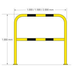 Stalen beveiligingsbeugel voor binnengebruik/hoogte 1000 mm/breedte 1500 mm/diameter 48 mm/met voetplaat voor vloermontage/geel-zwart