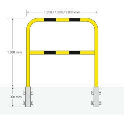 Stalen beveiligingsbeugel voor binnengebruik/hoogte 1300 mm/breedte 1500 mm/diameter 48 mm/voor wandmontage (uitneembaar) of voor in beton/geel-zwart