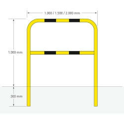Stalen beveiligingsbeugel voor binnen- en buiten gebruik/hoogte 1300 mm/breedte 2000 mm/diameter 48 mm/voor wandmontage (uitneembaar) of voor in beton/geel-zwart