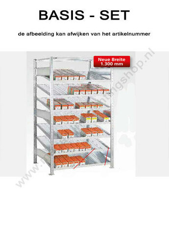 13610-Basisset kanbanstelling - ca. 2000x1000x500mm/zonder verdeel- en zijschotten/7 schuine legborden en 1 afdekbord/sendzimir verzinkt/150kg legbordbelasting