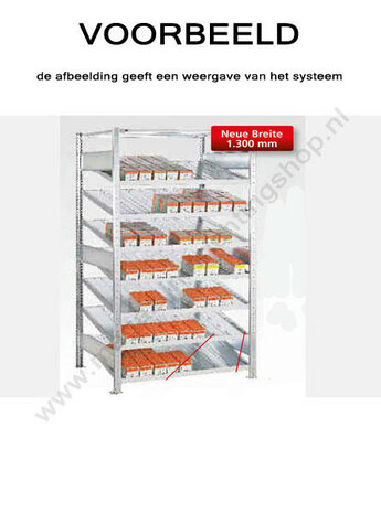 13611-Aanbouwset kanbanstelling - ca. 2000x1000x500mm/zonder verdeel- en zijschotten/7 schuine legborden en 1 afdekbord/sendzimir verzinkt/150kg legbordbelasting