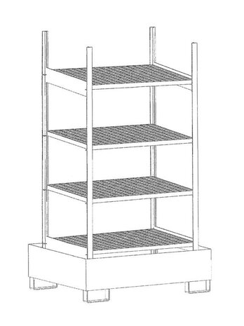 Basisrek voor kleine blikken type 3021-4E verzinkt - ca. 1200x800x2260 mm (bxdxh)/met 4 vakniveaus (4 vuurverzinkte roosterbodems) + verzinkte opvangbak/opvangvolume 1 x 243 liter