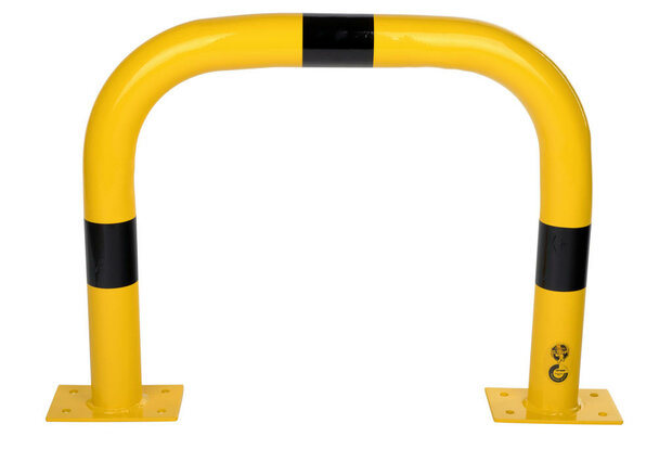 Stalen beschermbeugel 30-40- voor vloermontage/hoogte 600 mm/breedte 750 mm/diameter 76 mm/voetplaat 120x195 mm/geel-zwart