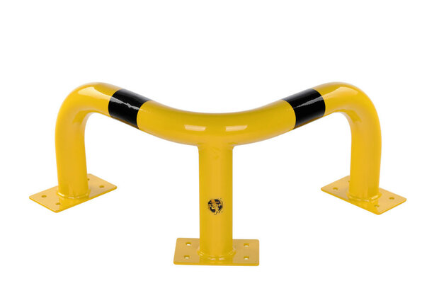 Stalen hoekbeschermbeugel 40-10 voor vloermontage/hoogte 350 mm/lengte 600 mm/diameter 76 mm/voetplaat 120x195 mm/geel-zwart