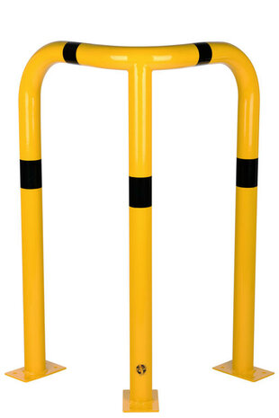 Stalen hoekbeschermbeugel 40-30 voor vloermontage/hoogte 1200 mm/lengte 600 mm/diameter 76 mm/voetplaat 120x195 mm/geel-zwart