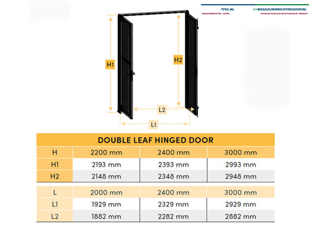 Dubbele draaideur gaaspaneel/naar binnen open draaiend/deurklink links/ hoogte 2400 mm/breedte 2400 mm/maaswijdte 50x50x3,5 mm/met dwarsbalk/leverbaar in diverse RAL kleuren