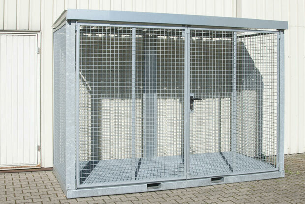 Gasflessen-container type GFC-E/G M4 verzinkt - ca. 3135x1570x2260 mm (lxbxh)/max. 78 gasflessen &Oslash; 230 mm/met roosterbodem (draagkracht 1000 kg/m&sup2;)/afsluitbare vleugeldeur