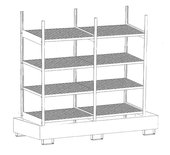 Basis- en aanbouwrek voor kleine blikken type 3023-4E verzinkt - ca. 1000x600x2000 mm (bxdxh)/met 4 vakniveaus (4 vuurverzinkte roosterbodems) + verzinkte opvangbak/opvangvolume 1 x 279 liter