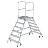 Aluminium verrijdbare bordestrap - tweezijdig oploopbaar/werkhoogte 3.5 m/platformhoogte 1.44 m/aantal treden 2x6/treden en platform gemaakt van roosterstaal