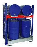 Basisset vatenrek met opvangbak type 3008 - rek ca. 1510x800x2000 mm (bxdxh)/met 1 vakniveau/opvangbak met rooster/opvangvolume 200 liter/vaten max. 2 x 200 liter liggend/4 x 200 liter staand