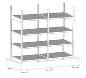 Basis- en aanbouwrek voor kleine blikken type 3023-4E verzinkt - ca. 2400x800x2150 mm (bxdxh)/met 4 vakniveaus (4 vuurverzinkte roosterbodems) + verzinkte opvangbak/opvangvolume 1 x 279 liter