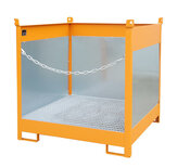 Vaten-stapelpallet type FSP-4 G - ca. 1410x1410x1435 mm (lxbxh)/opvangvolume 275 liter/max. 4 vaten van 200 liter/met verzinkt rooster (draagkracht 1000 kg/m²)/spatbeschermwand 3-zijdig