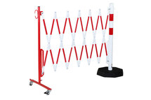 Schaarhek met afzetpaal 70-75 van staal/hoogte 1050 mm/met verrijdbare voetplaat/buisdiameter 60 mm/rood-wit met aan beide zijden reflecterende gevarenmarkering/lengte uittrekbaar tot 3600 mm