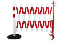 Schaarhek met afzetpaal 70-80 van staal/hoogte 1050 mm/met verrijdbare voetplaat/buisdiameter 60 mm/rood-wit met aan beide zijden reflecterende gevarenmarkering/lengte uittrekbaar tot 4000 mm