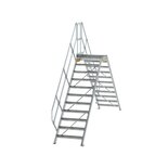 Aluminium brugtrap 45° - totale hoogte 3.435 mm/hoogte onder platform 2.160 mm/aantal treden 2x11/breedte treden 800 mm/treden en platform gemaakt van gegolfd aluminium R 9